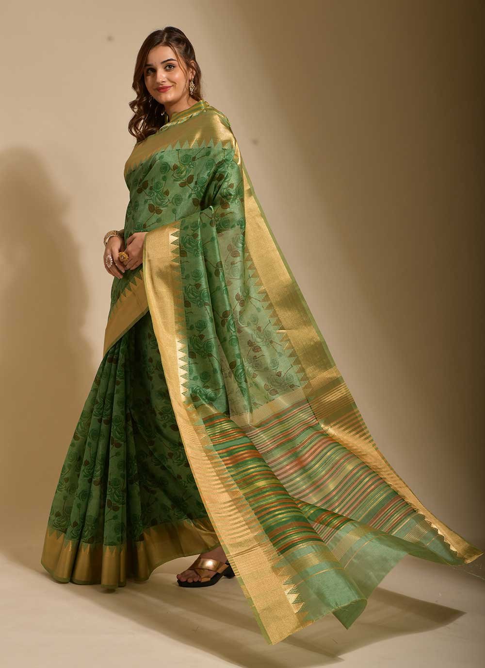 Contemporary Art Silk Green Print Saree