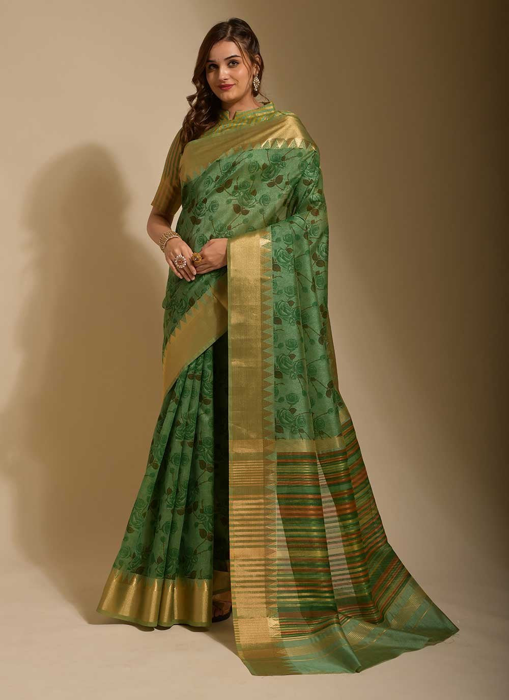 Contemporary Art Silk Green Print Saree