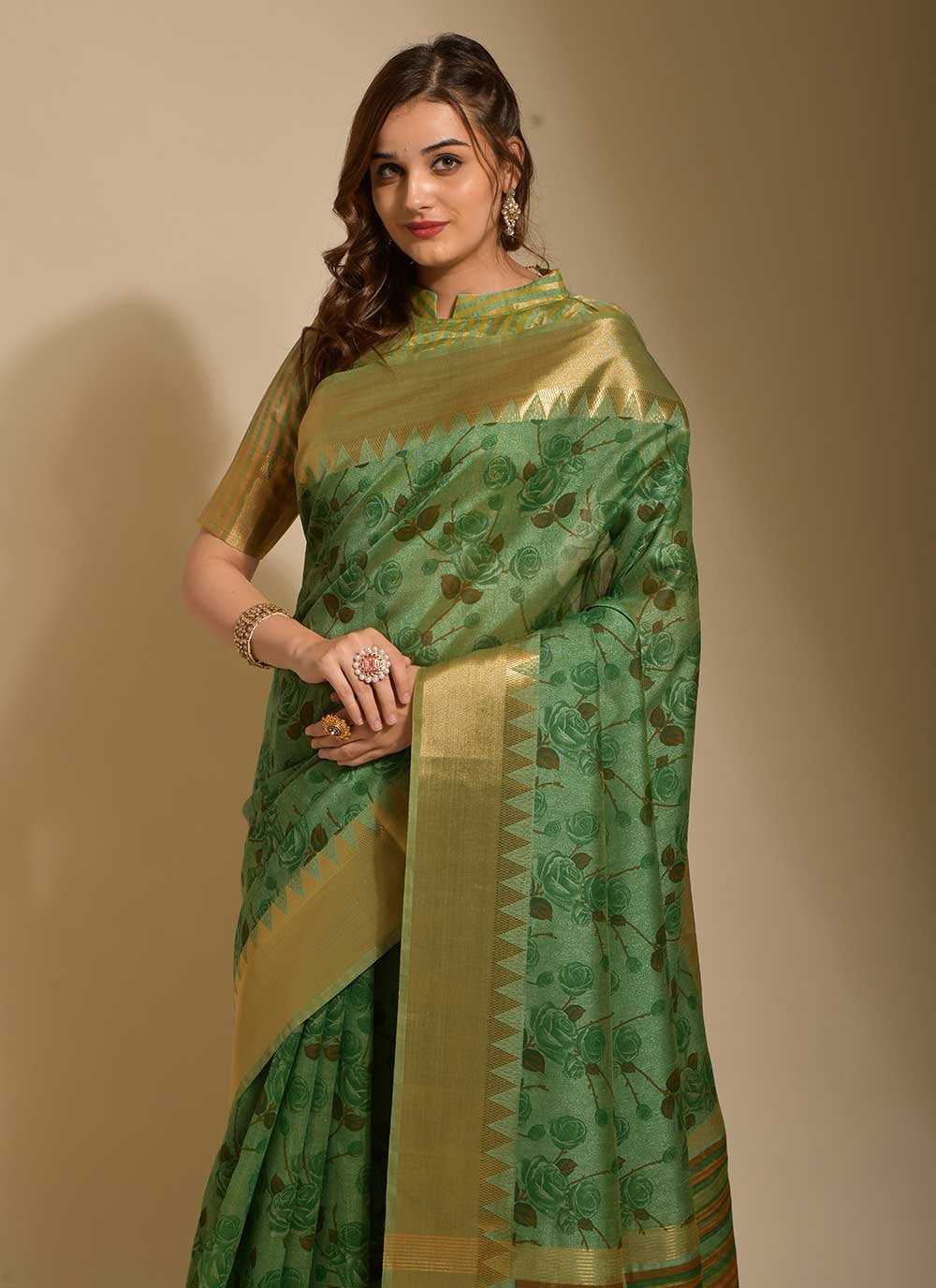 Contemporary Art Silk Green Print Saree