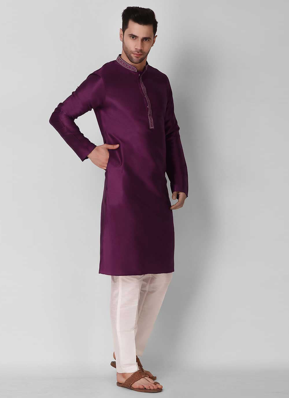 Kurta Pyjama Art Silk Purple Embroidered Mens