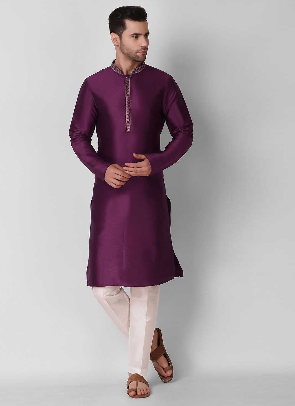 Kurta Pyjama Art Silk Purple Embroidered Mens