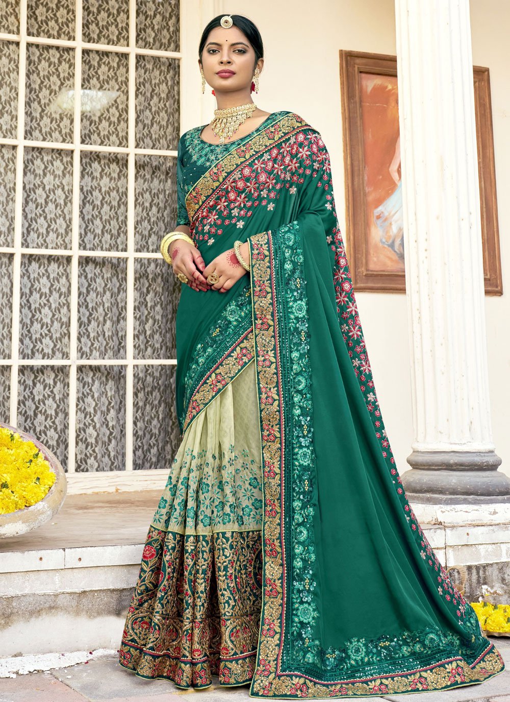 Contemporary Art Silk Rama Embroidered Saree