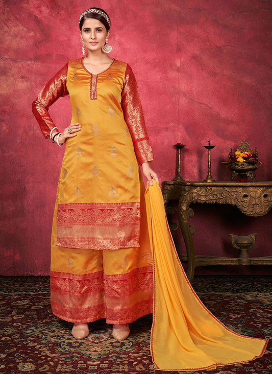 Salwar Suit Art Silk Yellow Woven Salwar Kameez
