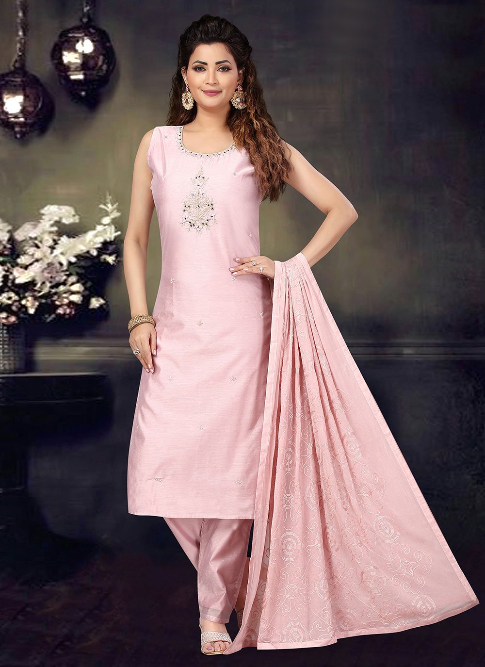 Salwar Suit Art Silk Pink Embroidered Salwar Kameez