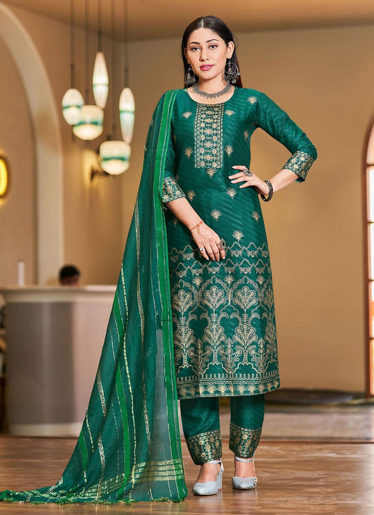 Pant Style Suit Art Silk Green Foil Print Salwar Kameez
