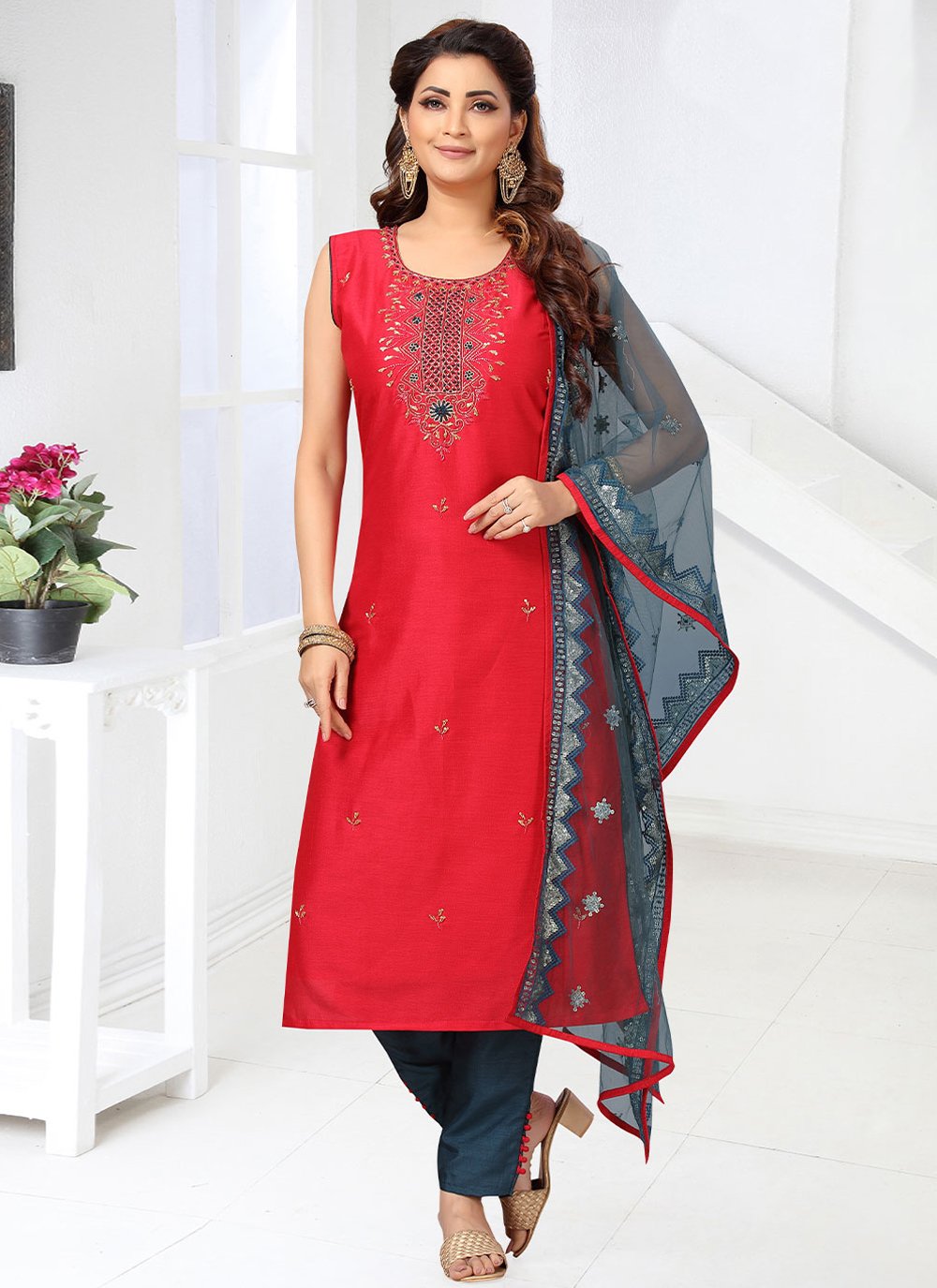 Salwar Suit Art Silk Red Embroidered Salwar Kameez