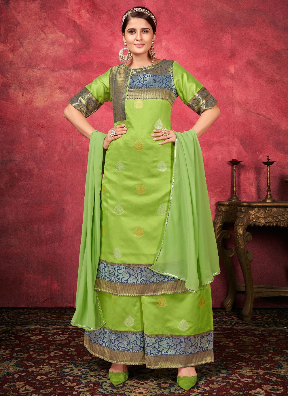 Salwar Suit Art Silk Green Woven Salwar Kameez