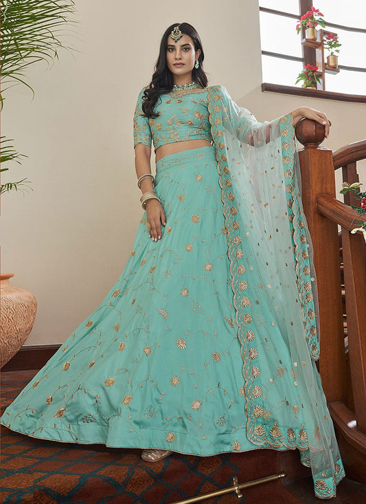 A Line Lehenga Art Silk Sea Green Embroidered Lehenga Choli