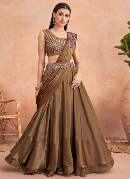 Contemporary Art Silk Brown Embroidered Saree