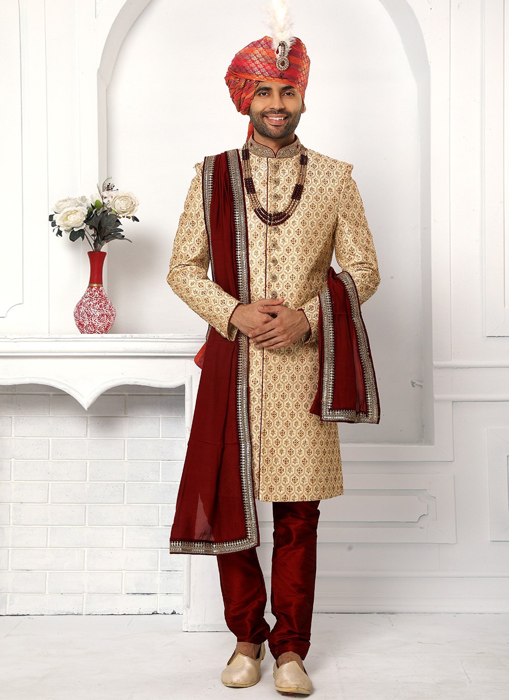 Sherwani Art Silk Beige Machine Embroidery Mens