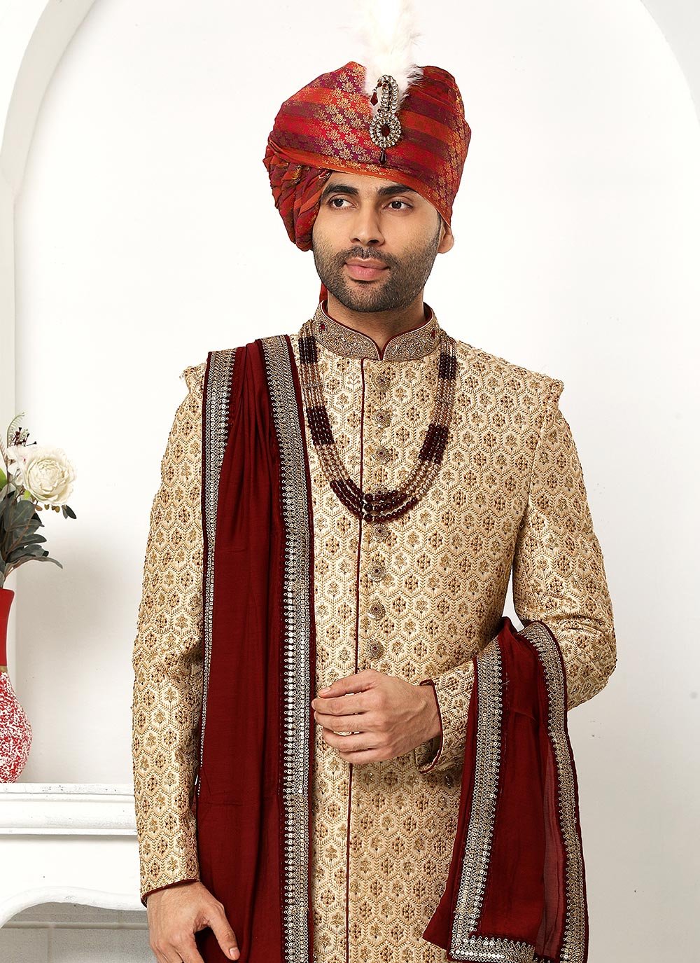 Sherwani Art Silk Beige Machine Embroidery Mens