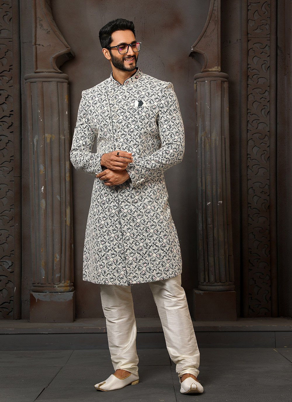 Sherwani Art Silk Black Off White Machine Embroidery Mens