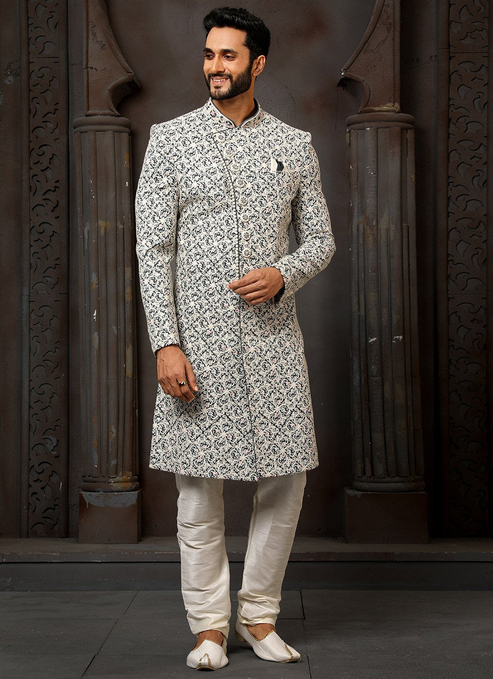 Sherwani Art Silk Black Off White Machine Embroidery Mens