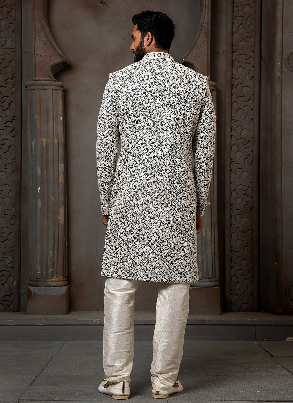 Sherwani Art Silk Black Off White Machine Embroidery Mens