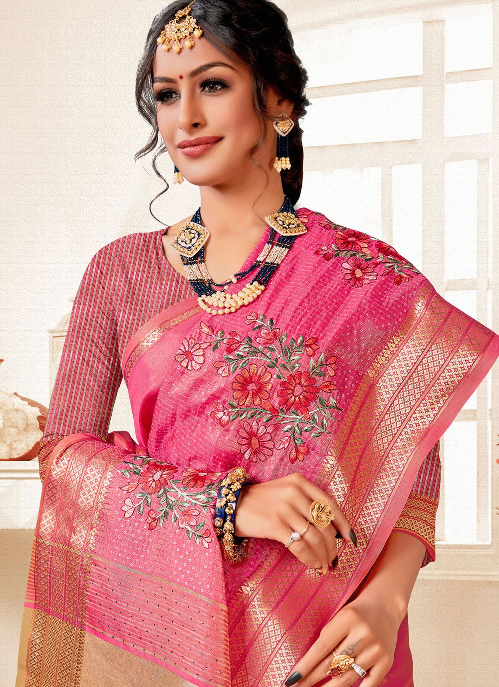 Contemporary Art Silk Pink Embroidered Saree