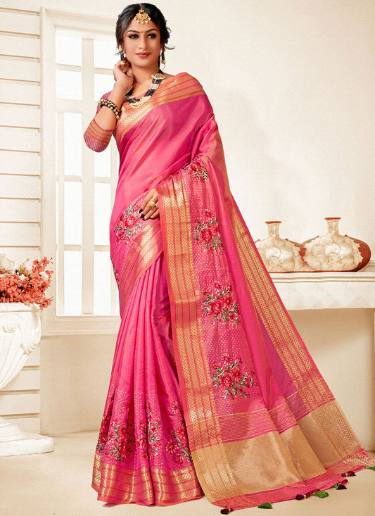 Contemporary Art Silk Pink Embroidered Saree