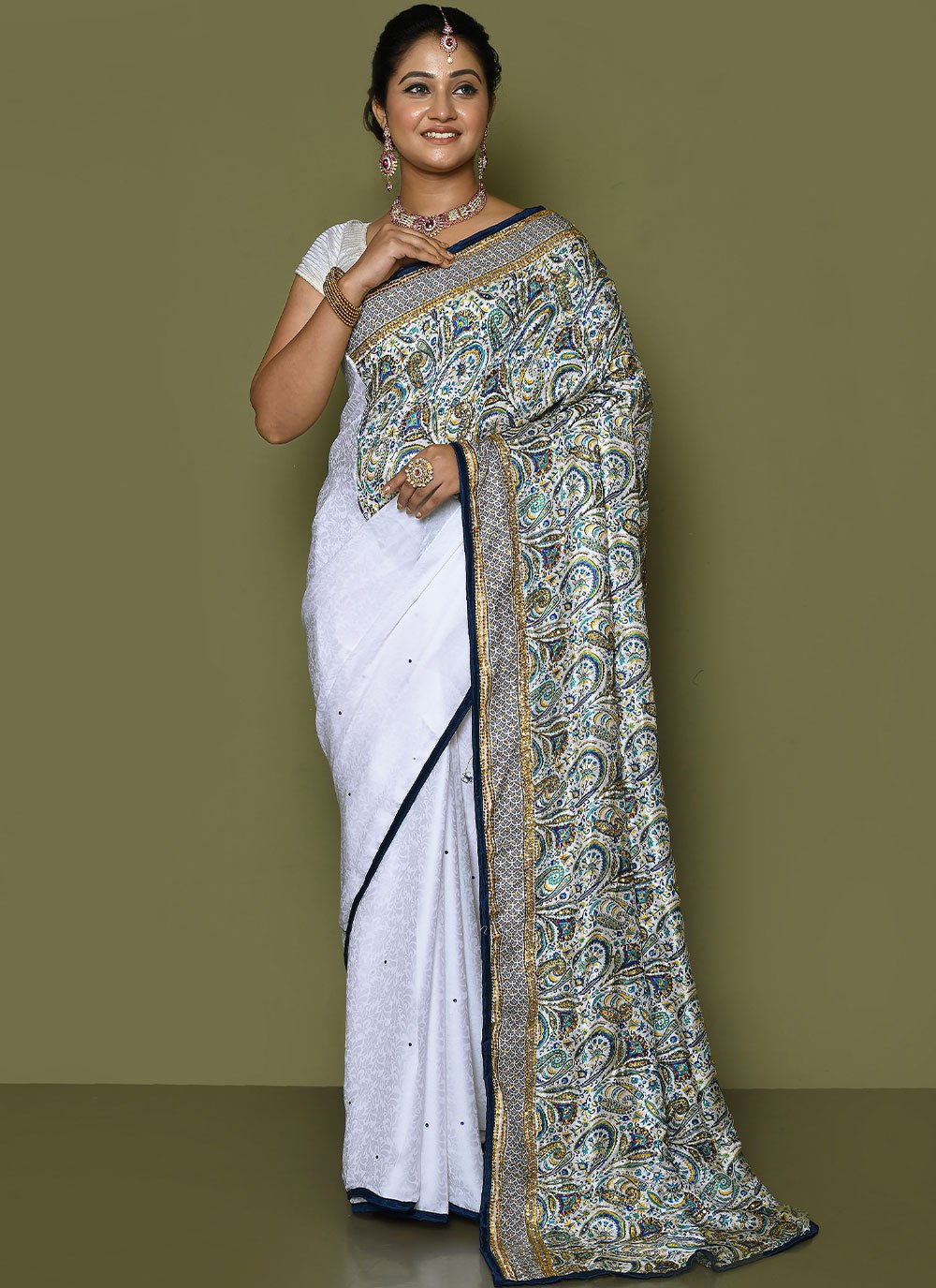 Classic Art Silk White Embroidered Saree