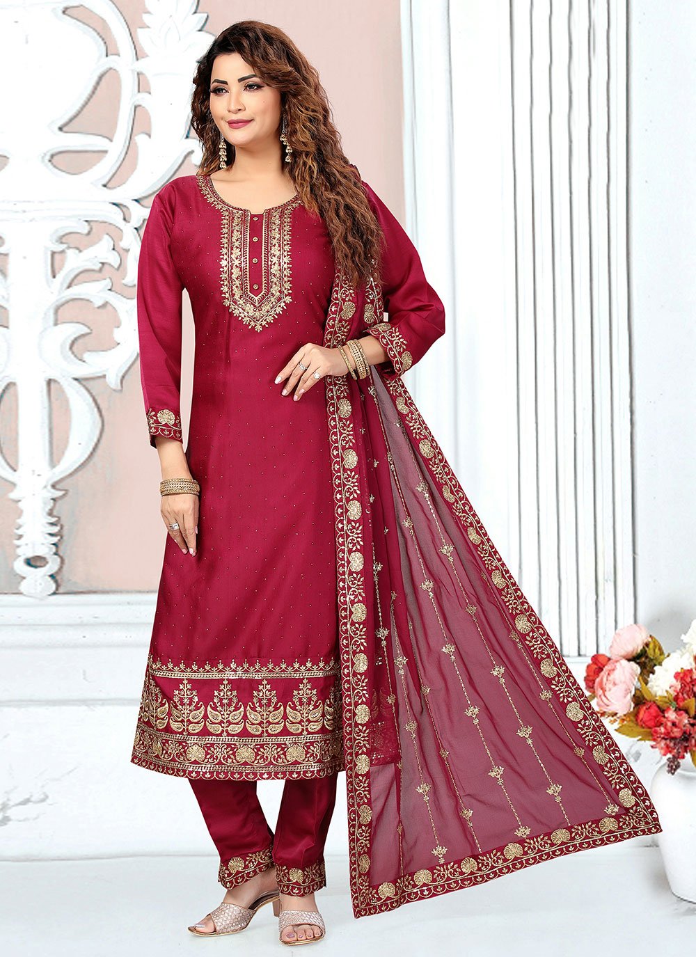 Straight Salwar Suit Art Silk Maroon Embroidered Salwar Kameez