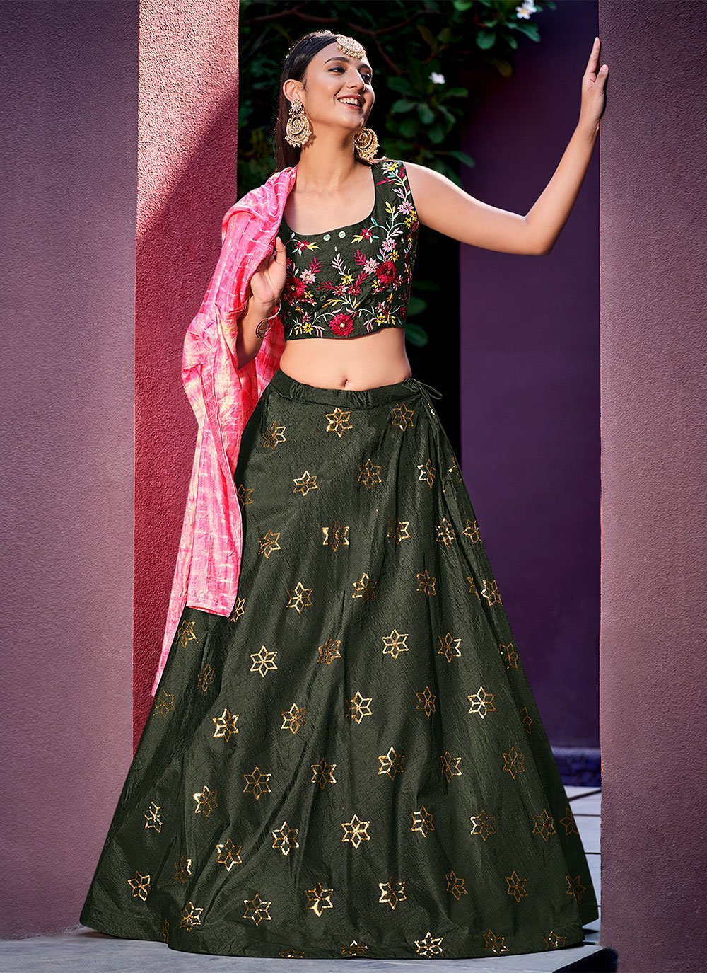 Lehenga Choli Art Silk Green Embroidered Lehenga Choli