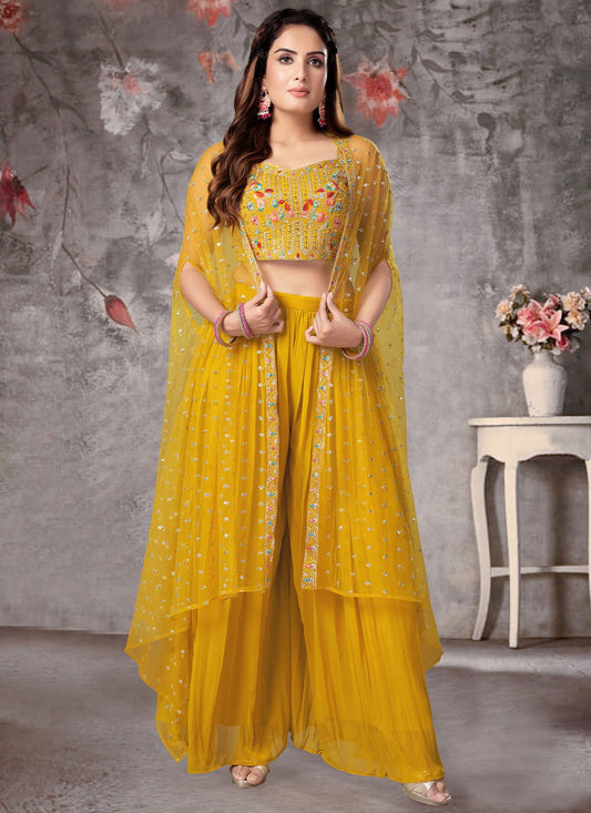 Salwar Suit Art Silk Net Mustard Embroidered Salwar Kameez