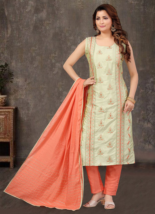 Salwar Suit Art Silk Off White Embroidered Salwar Kameez