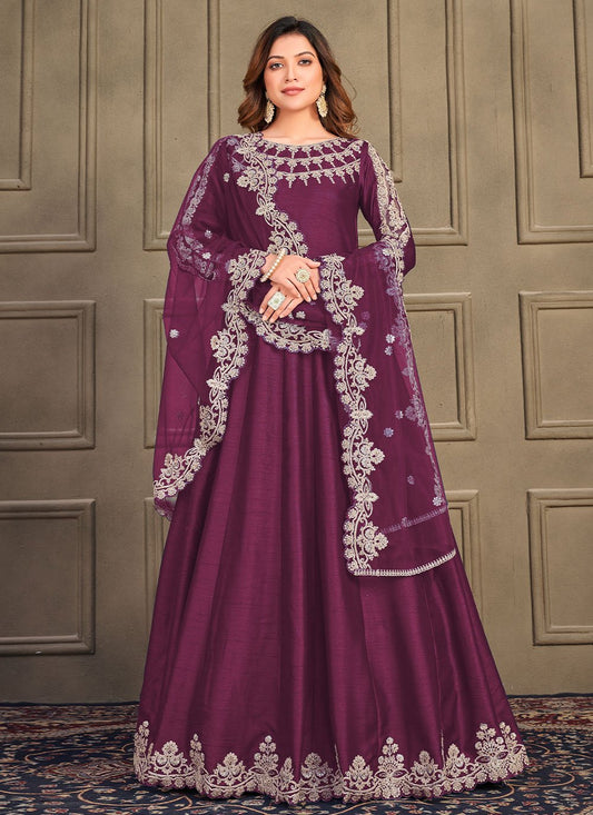 Salwar Suit Art Silk Purple Embroidered Salwar Kameez