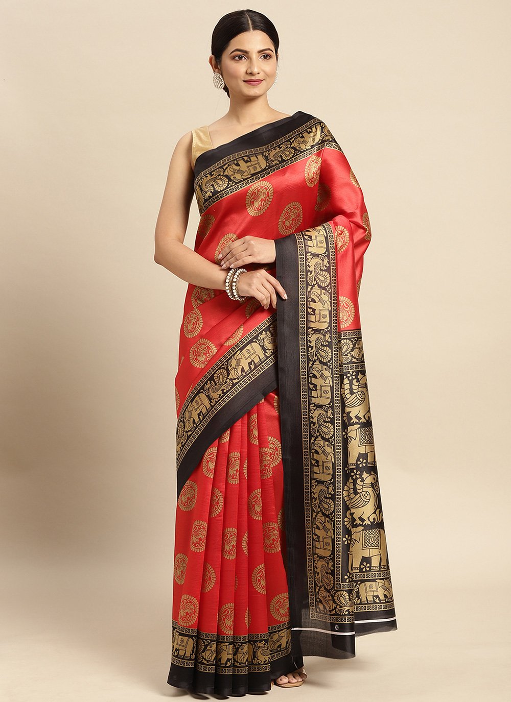 Casual Art Silk Red Weaving Saree