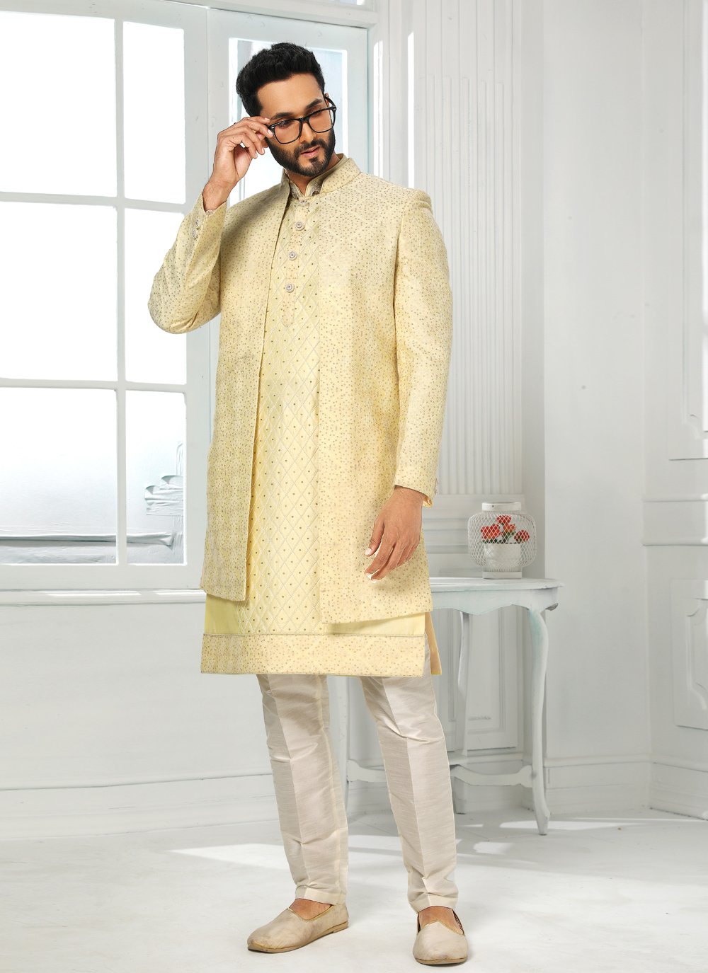 Indo Western Art Silk Yellow Machine Embroidery Mens