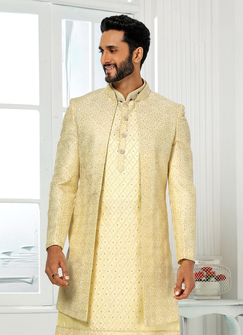 Indo Western Art Silk Yellow Machine Embroidery Mens