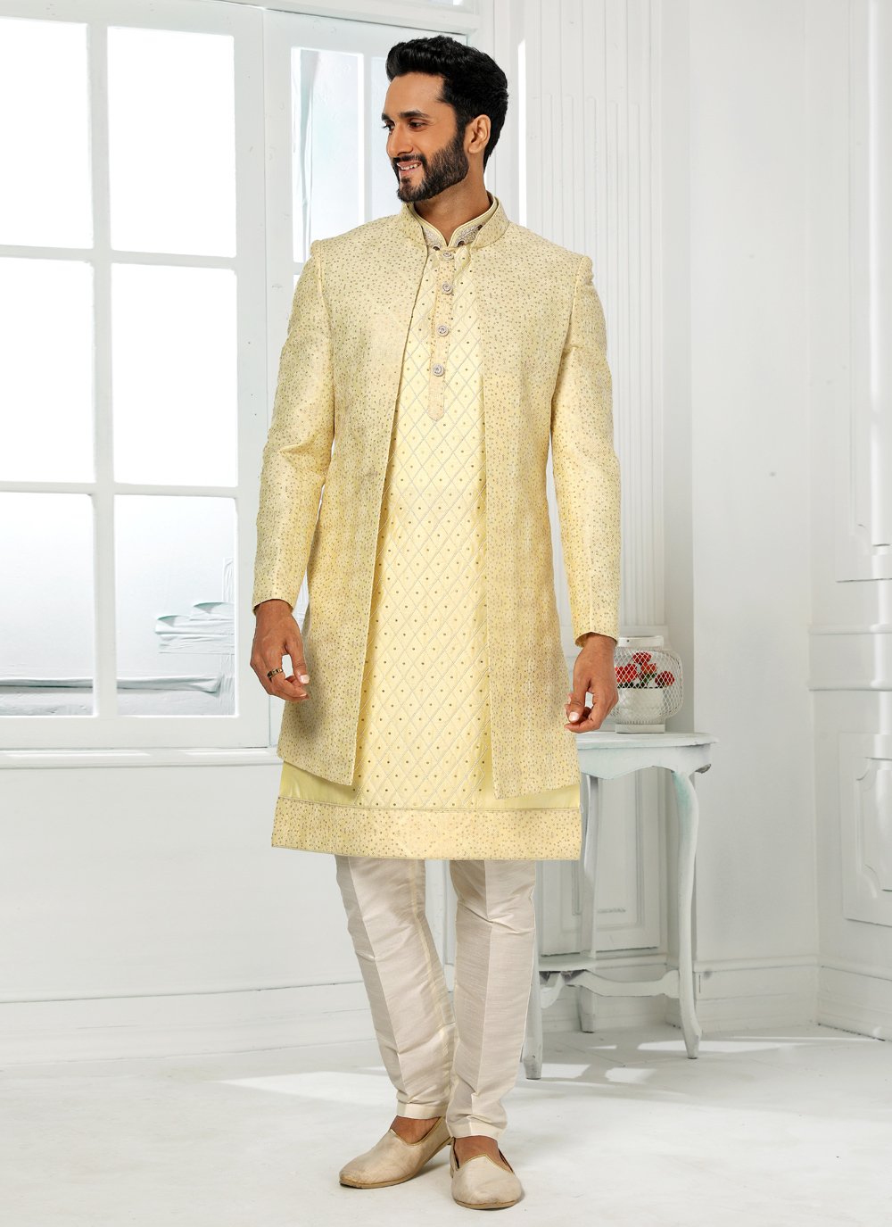 Indo Western Art Silk Yellow Machine Embroidery Mens