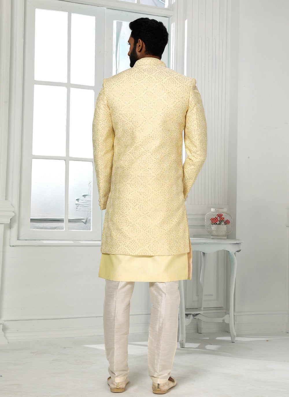 Indo Western Art Silk Yellow Machine Embroidery Mens