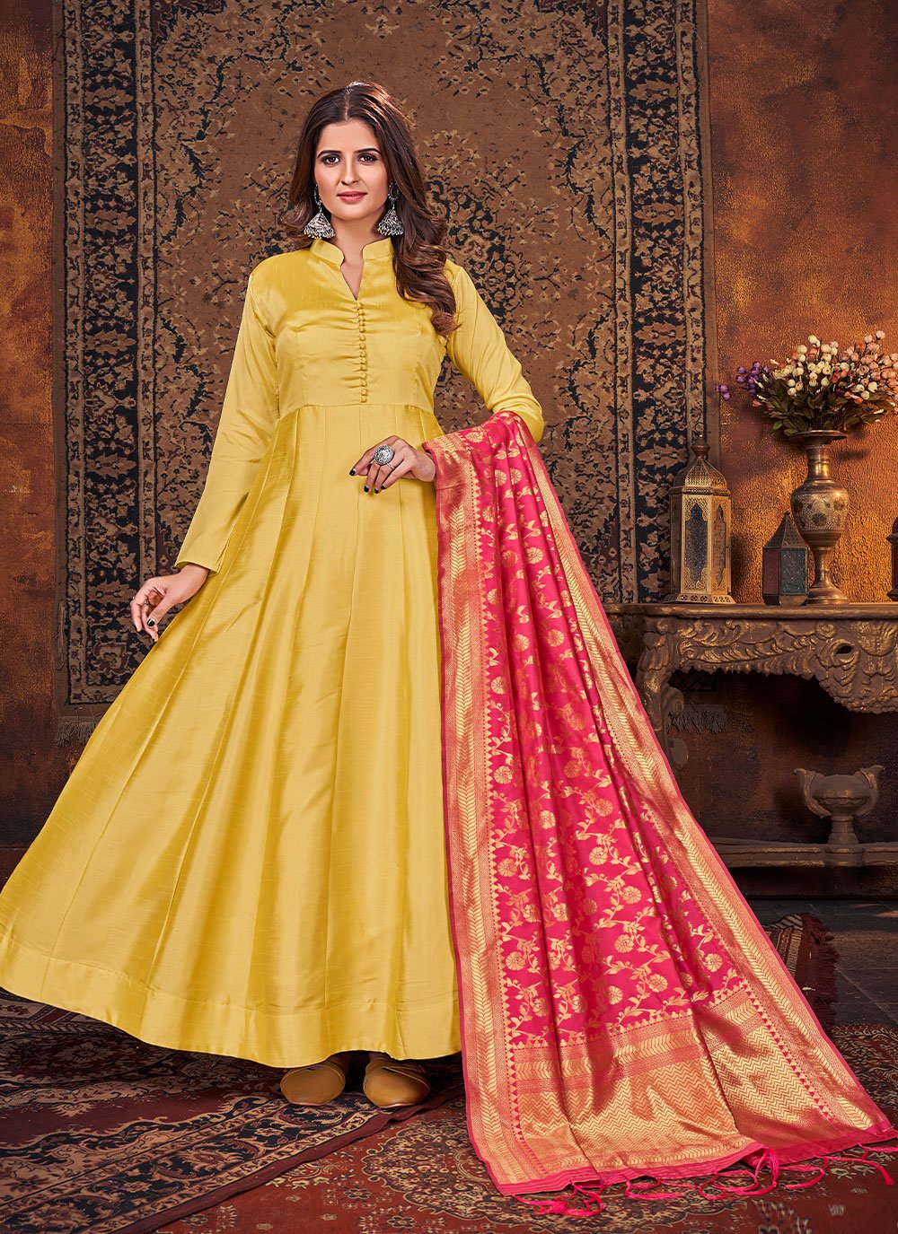 Salwar Suit Art Silk Yellow Plain Salwar Kameez