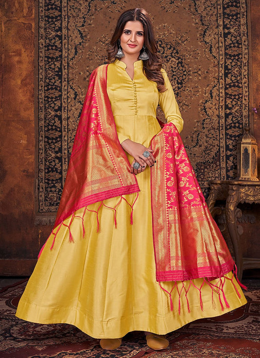 Salwar Suit Art Silk Yellow Plain Salwar Kameez