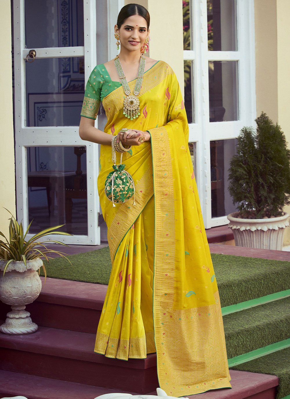 Classic Art Silk Yellow Meenakari Saree