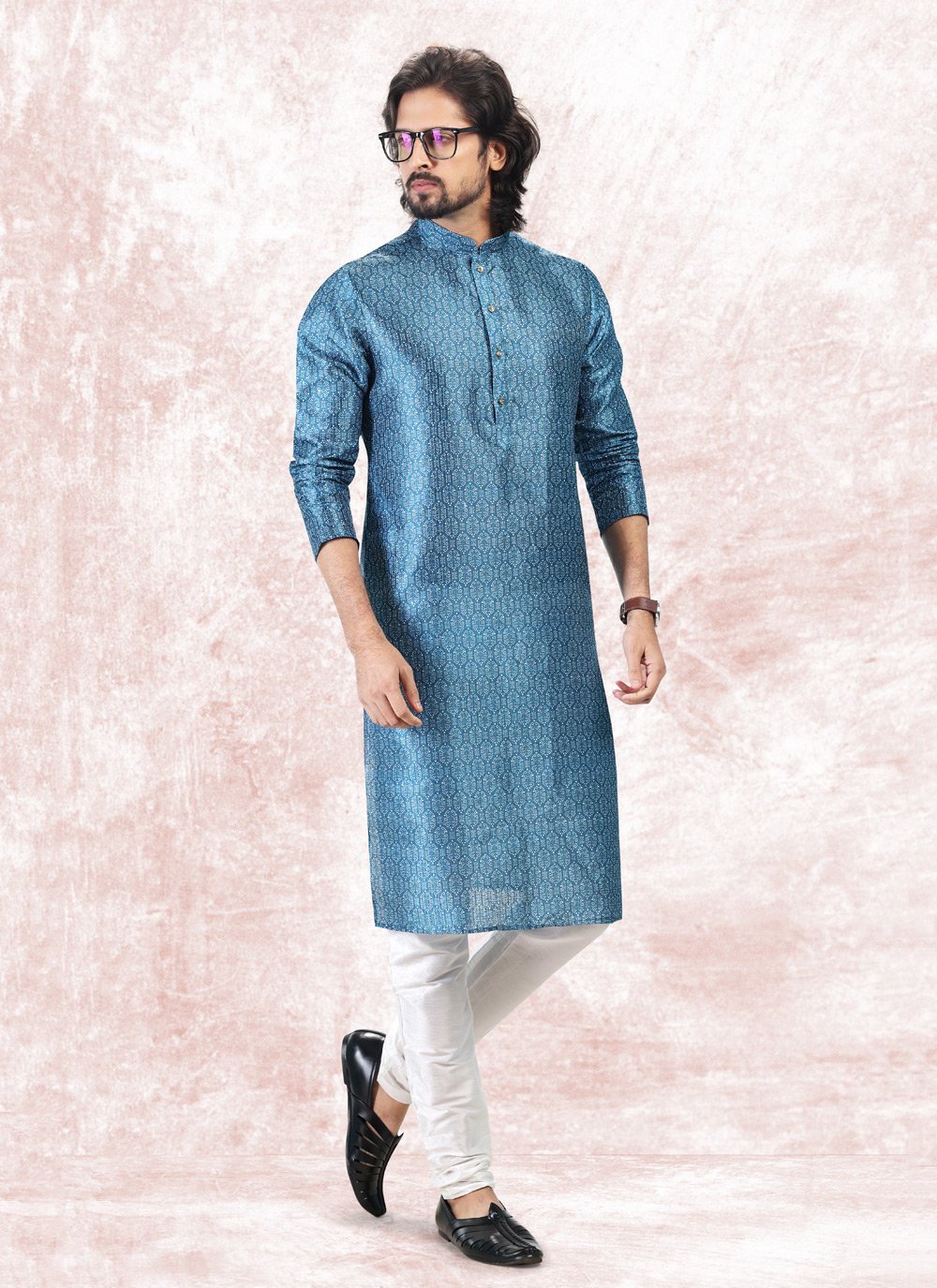 Kurta Pyjama Banarasi Jacquard Blue Fancy Work Mens