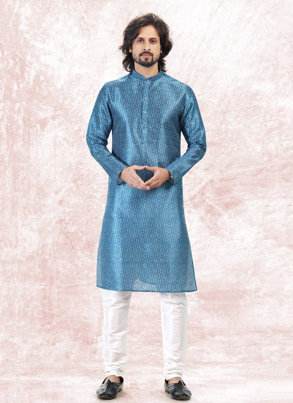 Kurta Pyjama Banarasi Jacquard Blue Fancy Work Mens