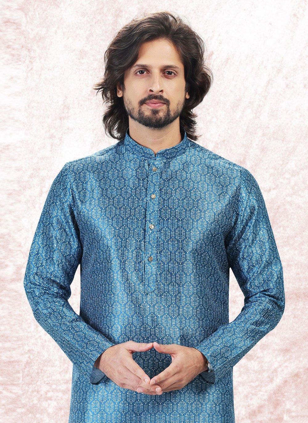 Kurta Pyjama Banarasi Jacquard Blue Fancy Work Mens