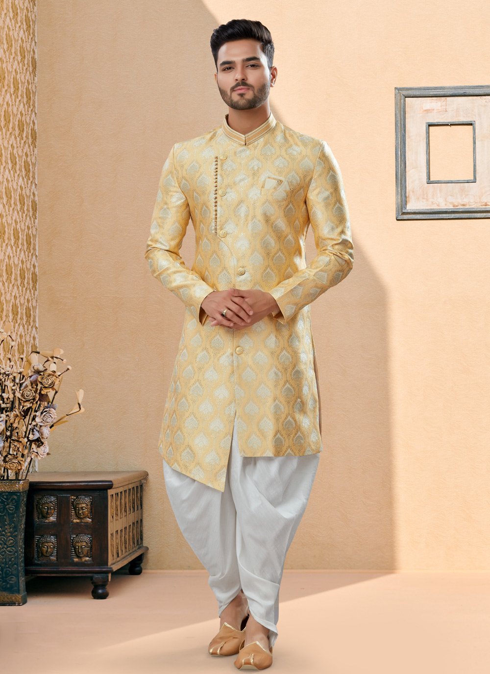 Indo Western Sherwani Banarasi Jacquard Cream Stone Mens