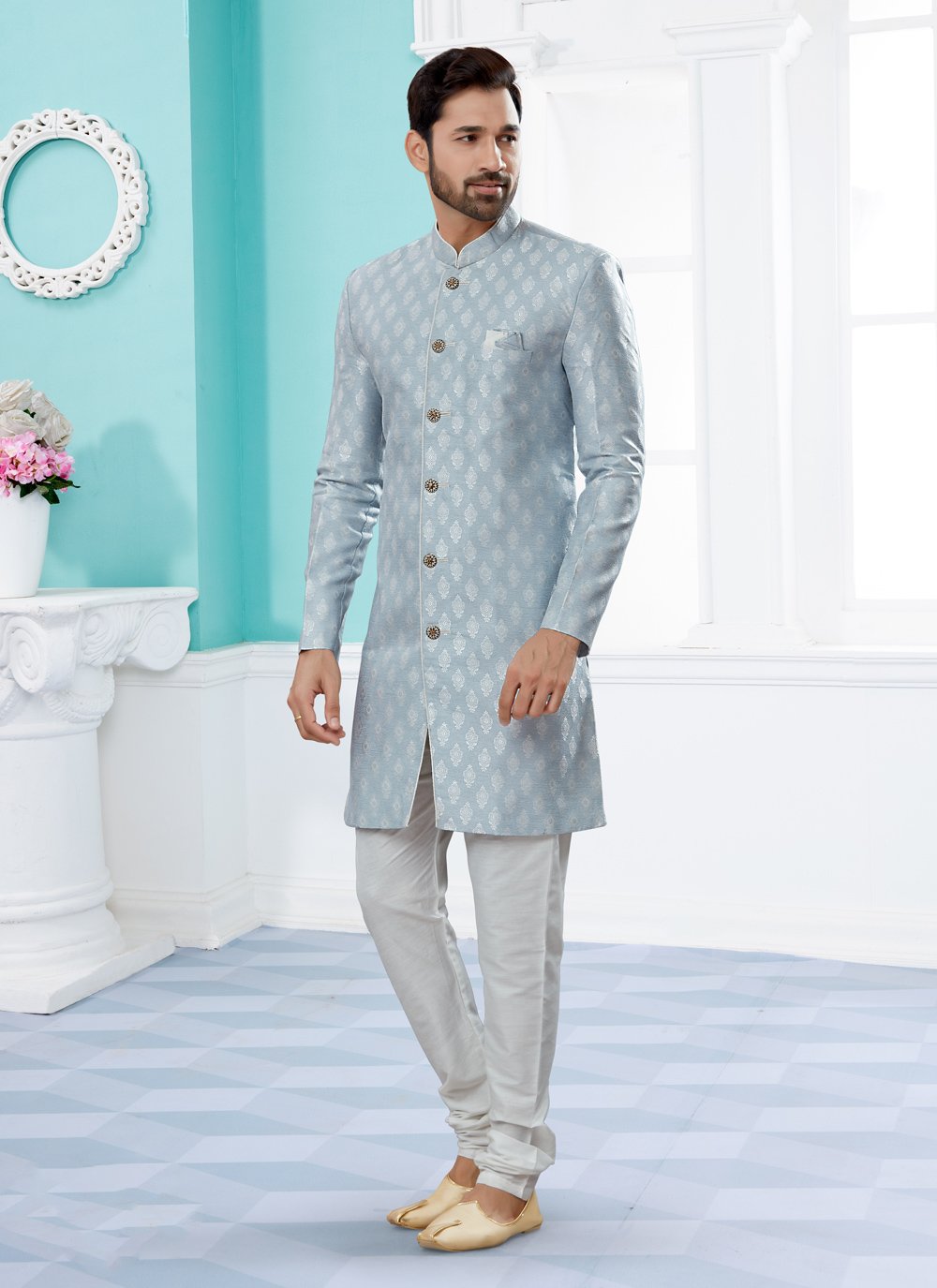 Indo Western Sherwani Banarasi Jacquard Grey Embroidered Mens