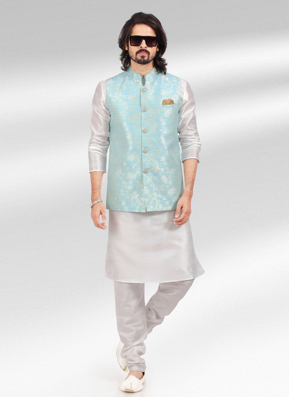 Kurta Payjama With Jacket Banarasi Jacquard Blue Off White Fancy Work Mens