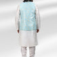 Kurta Payjama With Jacket Banarasi Jacquard Blue Off White Fancy Work Mens