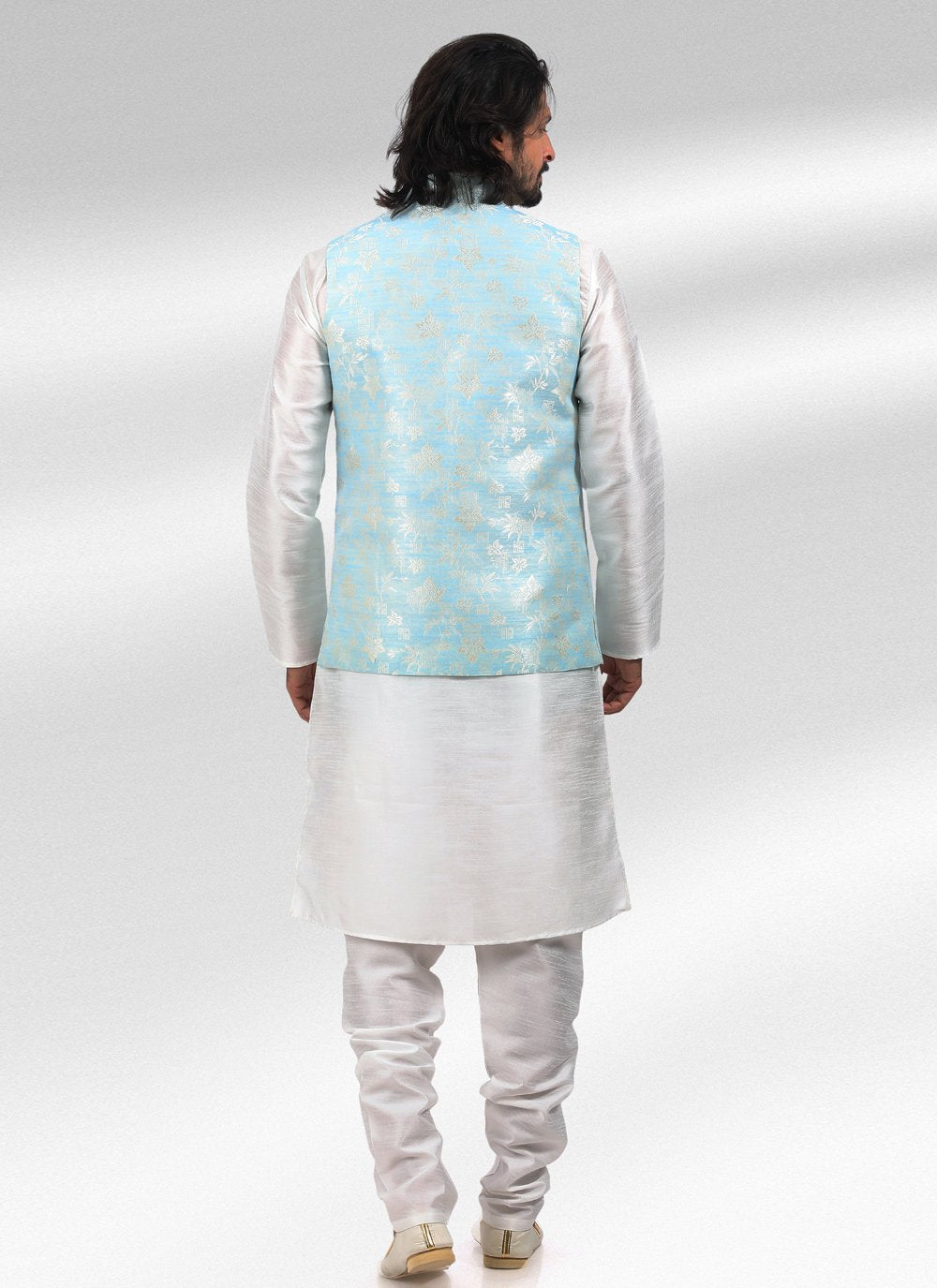 Kurta Payjama With Jacket Banarasi Jacquard Blue Off White Fancy Work Mens
