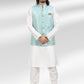 Kurta Payjama With Jacket Banarasi Jacquard Blue Off White Fancy Work Mens