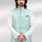 Kurta Payjama With Jacket Banarasi Jacquard Blue Off White Fancy Work Mens