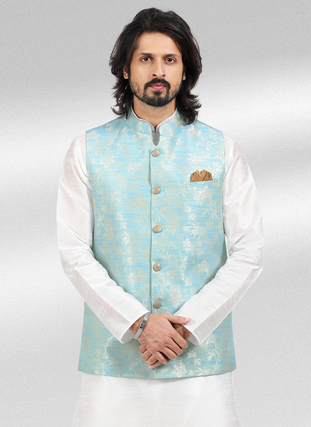 Kurta Payjama With Jacket Banarasi Jacquard Blue Off White Fancy Work Mens