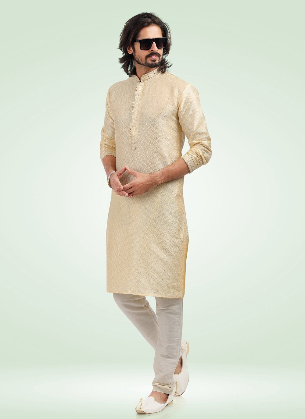 Kurta Pyjama Banarasi Jacquard Cream Fancy Work Mens