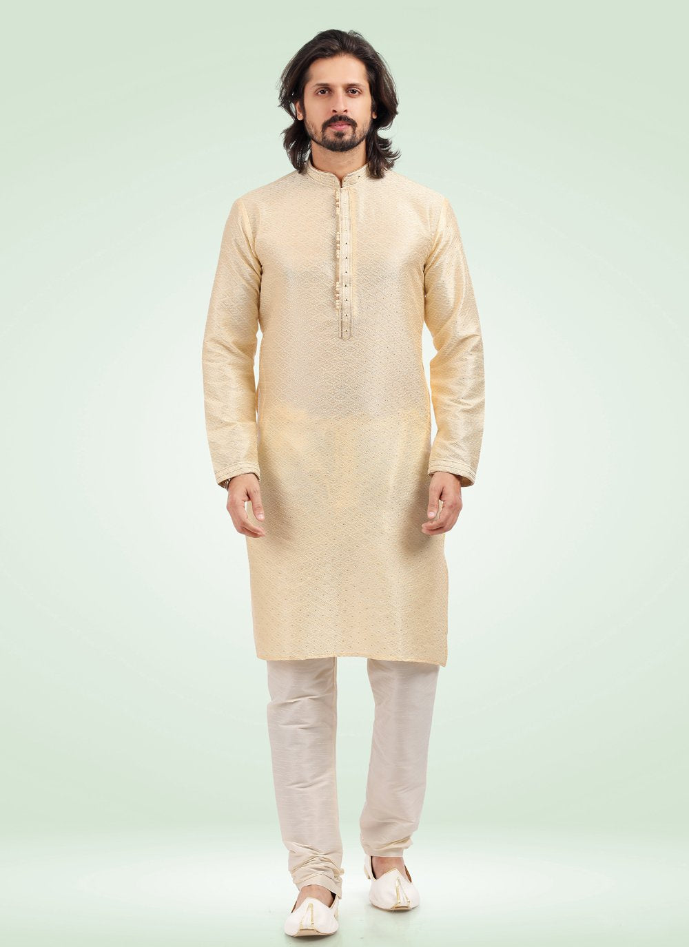 Kurta Pyjama Banarasi Jacquard Cream Fancy Work Mens