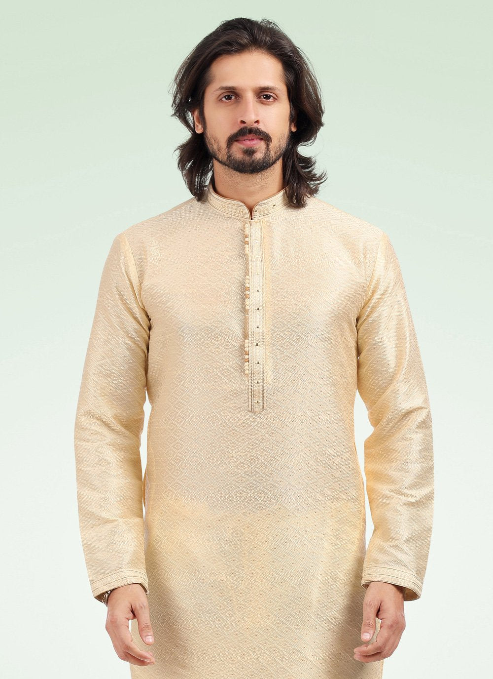 Kurta Pyjama Banarasi Jacquard Cream Fancy Work Mens