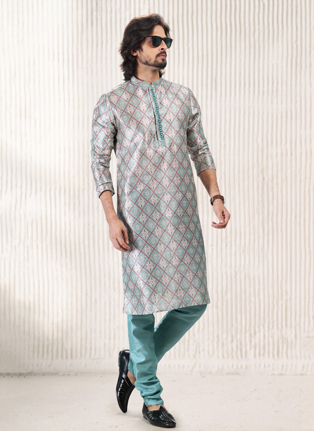 Kurta Pyjama Banarasi Jacquard Aqua Blue Fancy Work Mens