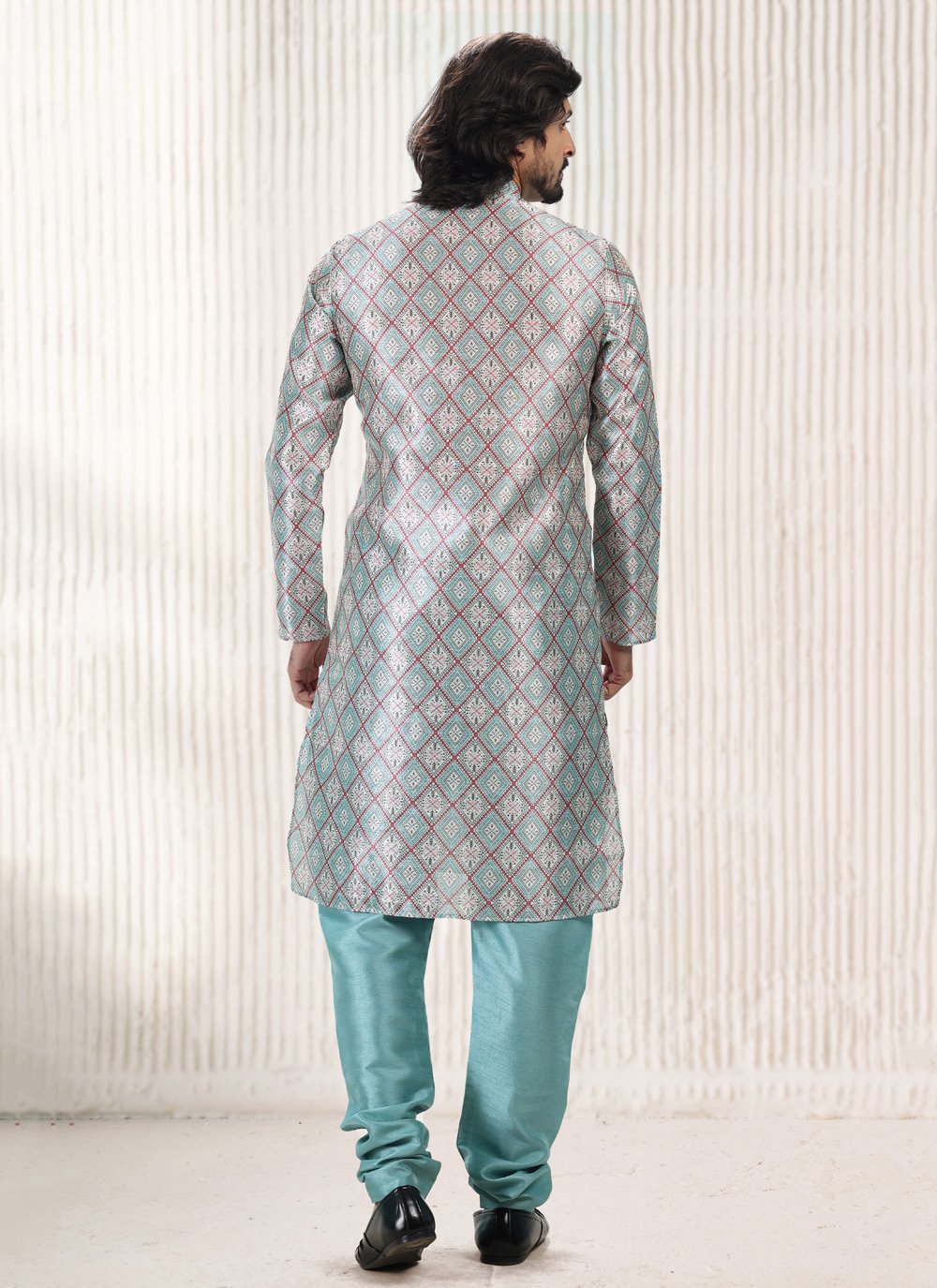 Kurta Pyjama Banarasi Jacquard Aqua Blue Fancy Work Mens